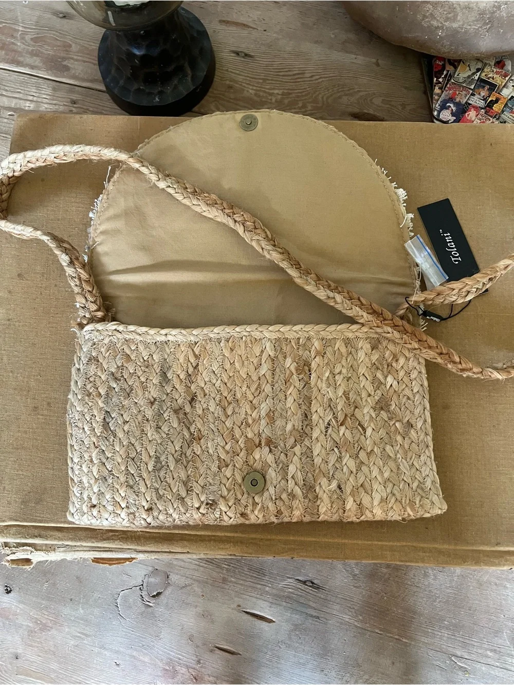 Tolani Natural Straw Clutch with Cream Embroidered Fringe Flap